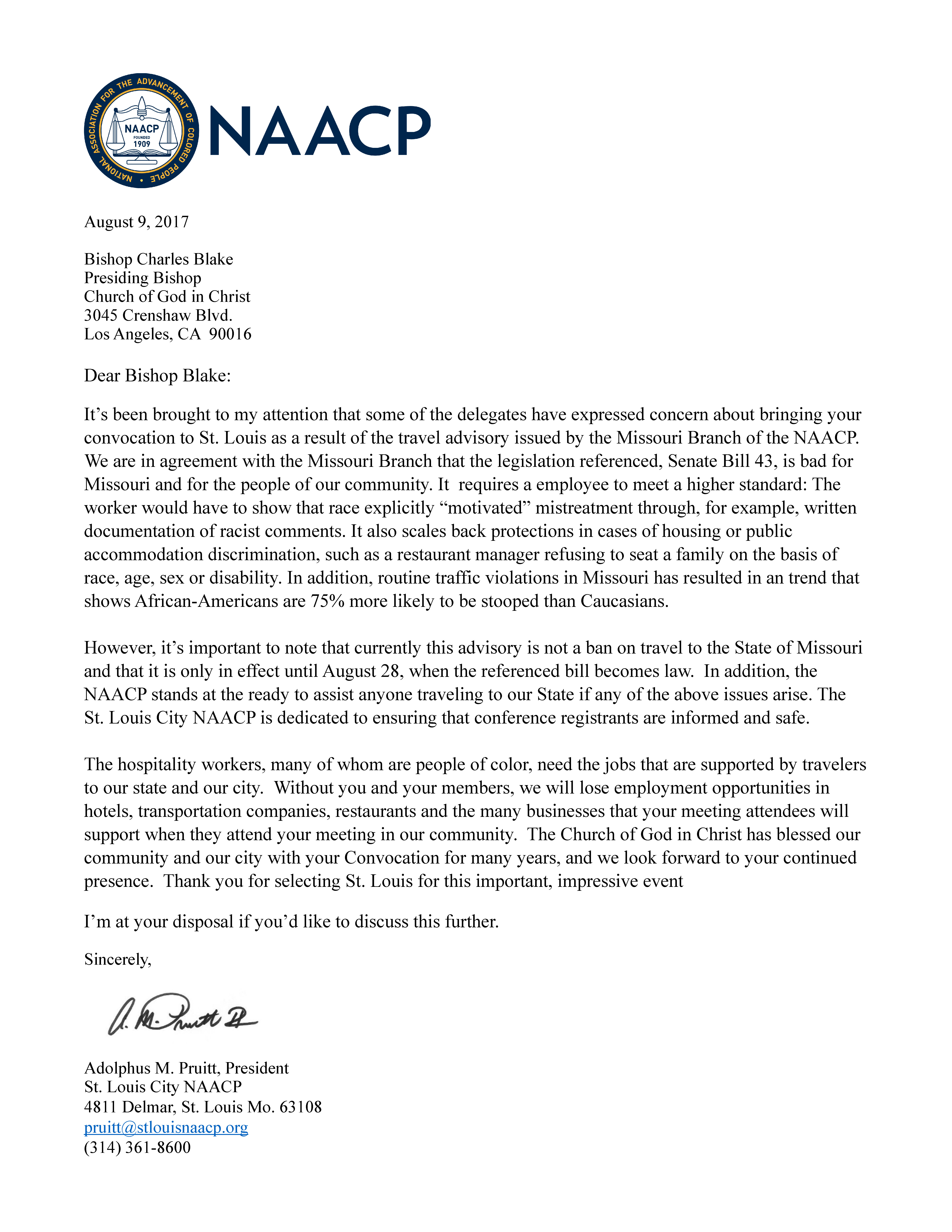 cogic statement on missouri naacp travel advisory church letter with letterhead