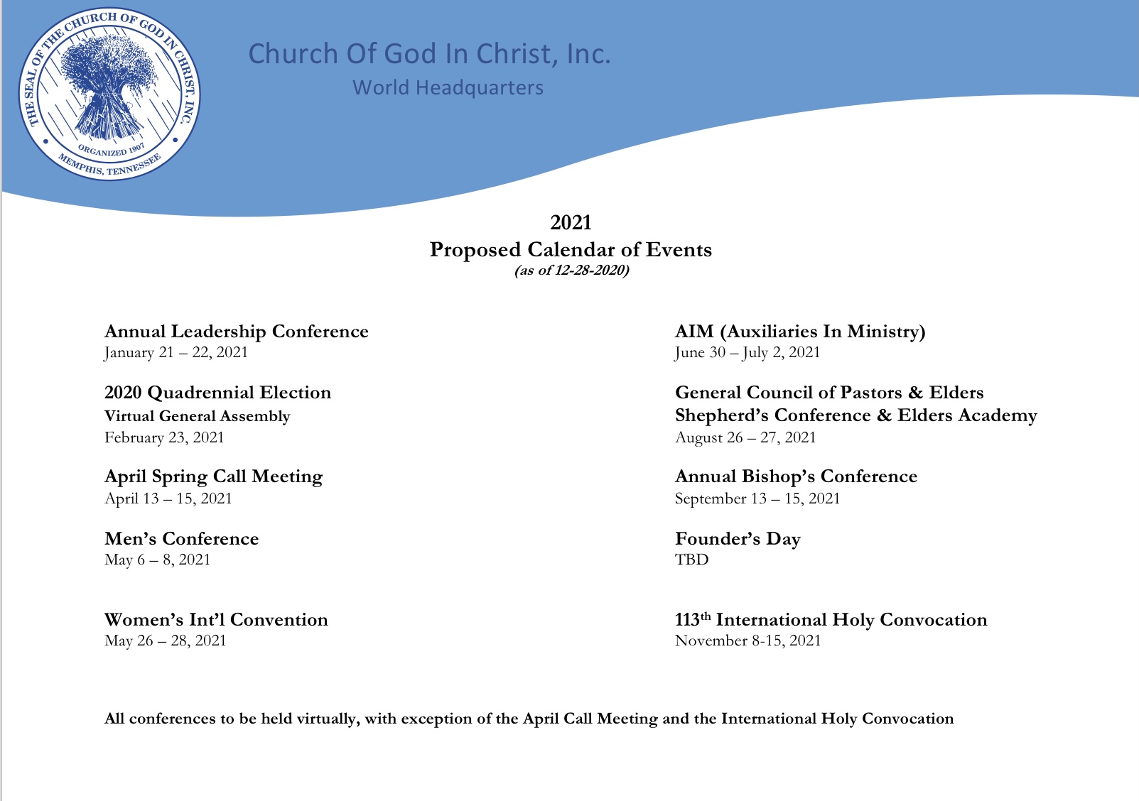 Cogic Aim 2022 Schedule 2021 Calendar | The General Secretary